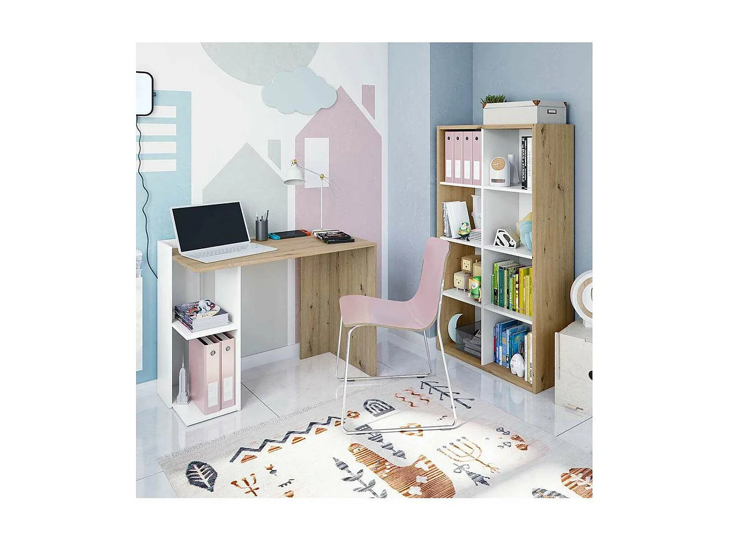 Escritorio reversible Gilda en blanco artik y roble nordi 78 cm (alto) x 100 cm (ancho) x