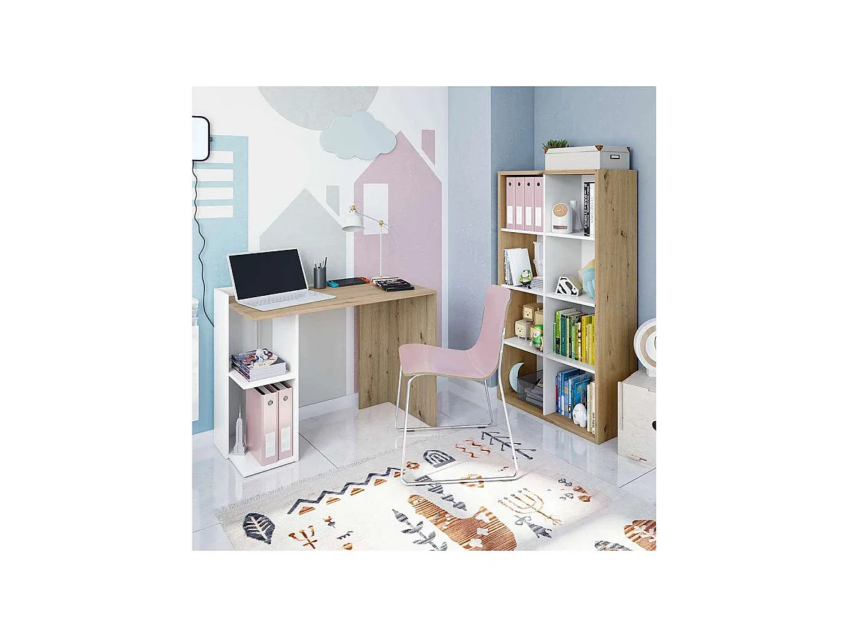 Escritorio reversible Gilda en blanco artik y roble nordi 78 cm (alto) x 100 cm (ancho) x