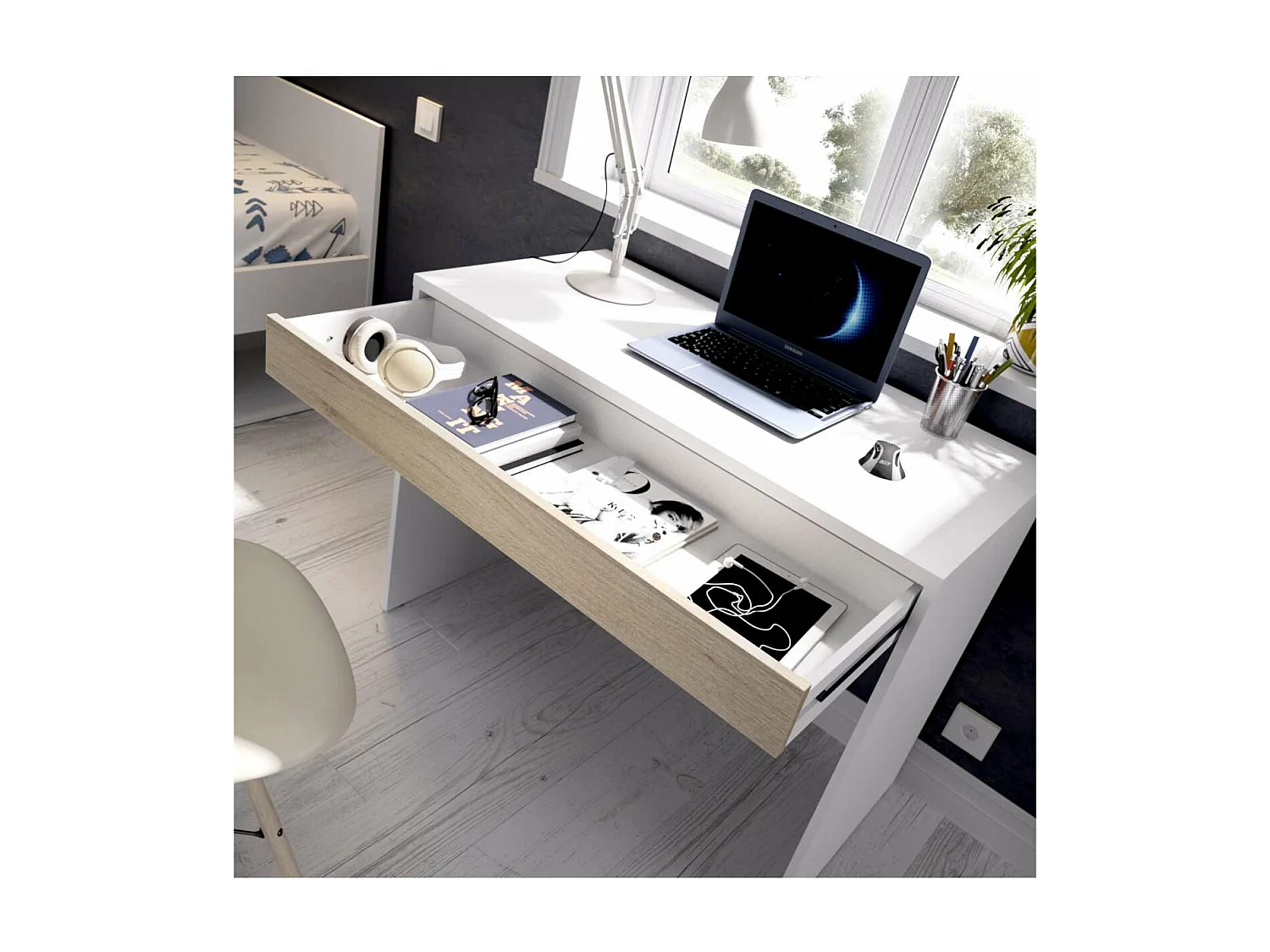 Mesa escritorio Sam con cajón acabado en  Blanco y Natural 74.2 cm(alto) x 89.5 cm (ancho