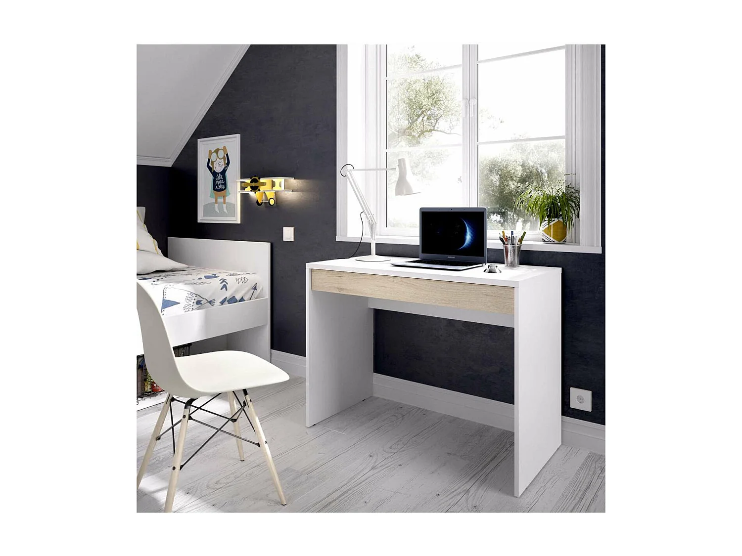 Mesa escritorio Sam con cajón acabado en  Blanco y Natural 74.2 cm(alto) x 89.5 cm (ancho