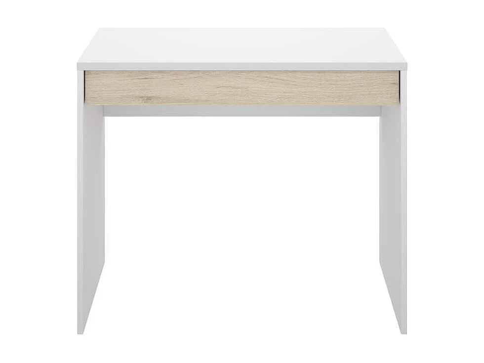Mesa escritorio Sam con cajón acabado en  Blanco y Natural 74.2 cm(alto) x 89.5 cm (ancho