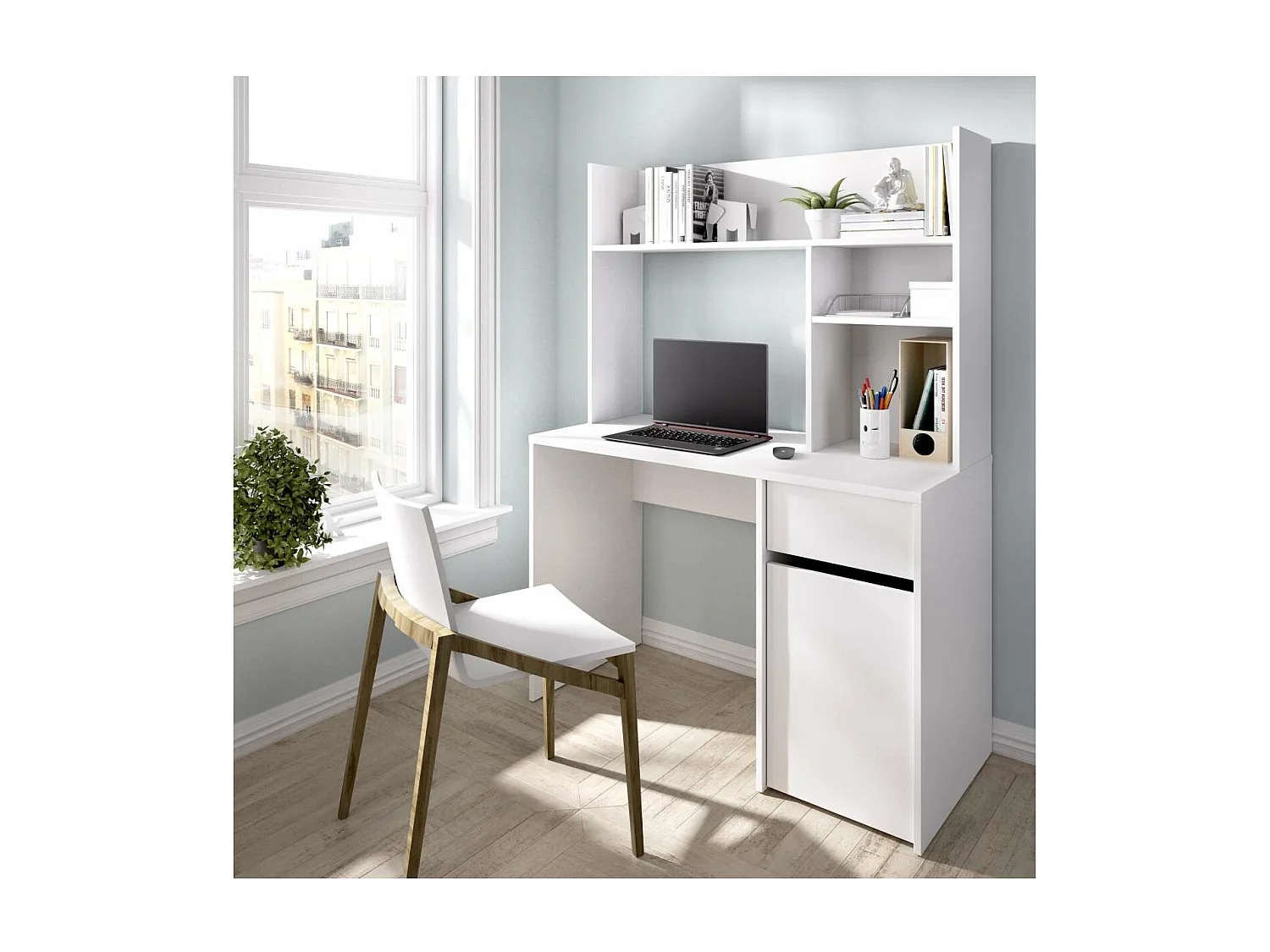 Escritorio Rebeca con puerta + cajón + altillo acabado blanco, 74cm(alto) 110cm(ancho) 50