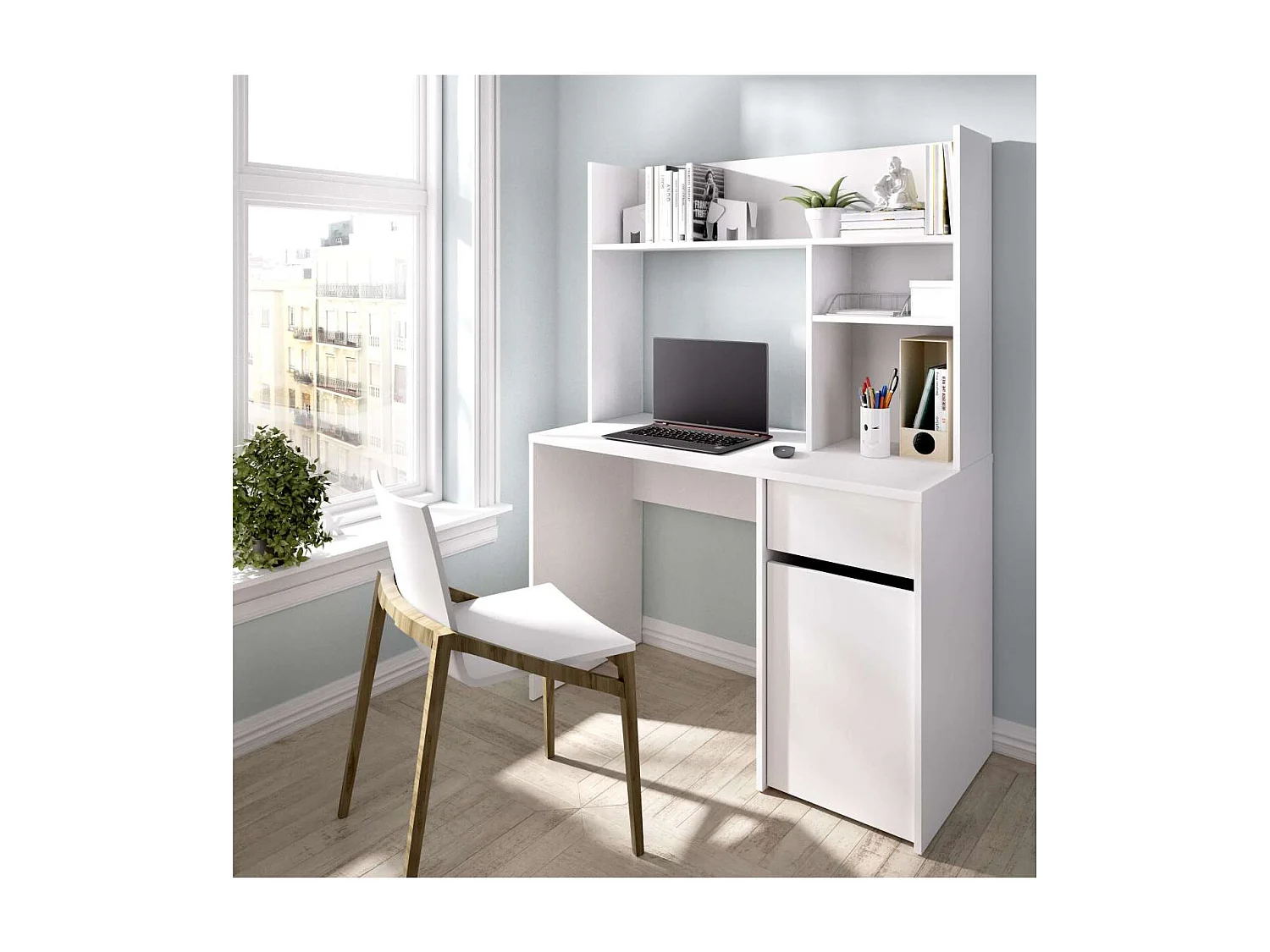 Escritorio Rebeca con puerta + cajón + altillo acabado blanco, 74cm(alto) 110cm(ancho) 50