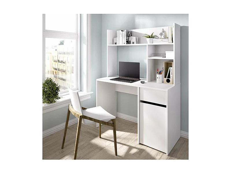 Escritorio Rebeca con puerta + cajón + altillo acabado blanco, 74cm(alto) 110cm(ancho) 50