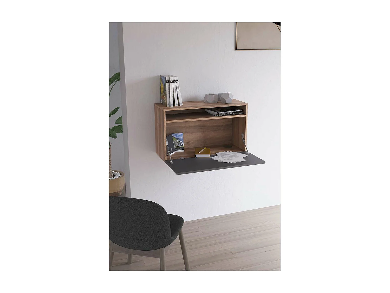 Escritorio suspendido modelo 628 color nogal/grafito. 44x75x30 (alto x ancho x fondo)