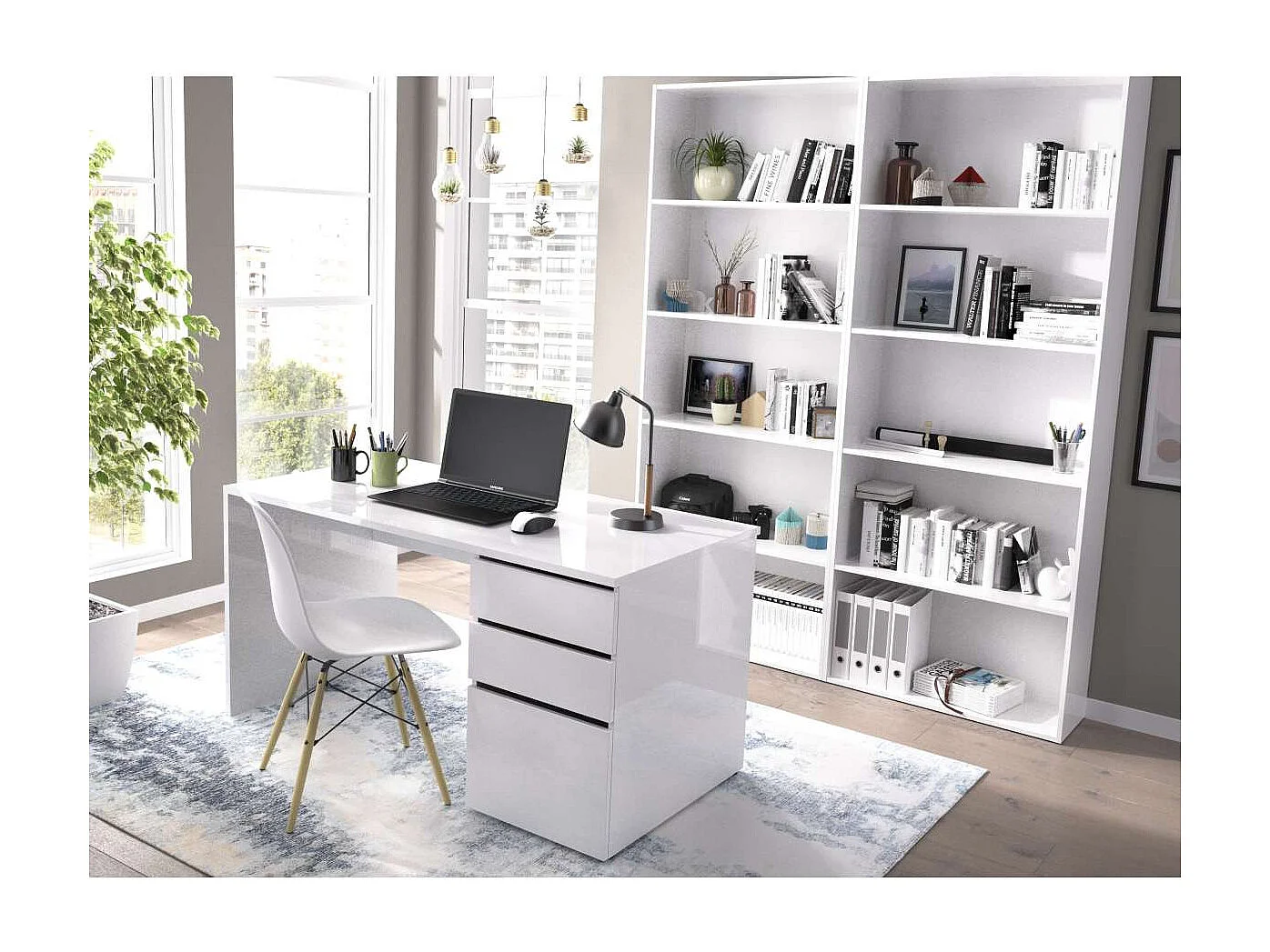 Mesa de despacho 2 cajones 1 puerta Santiago acabado blanco 75 cm(alto)139 cm(ancho)60 cm(