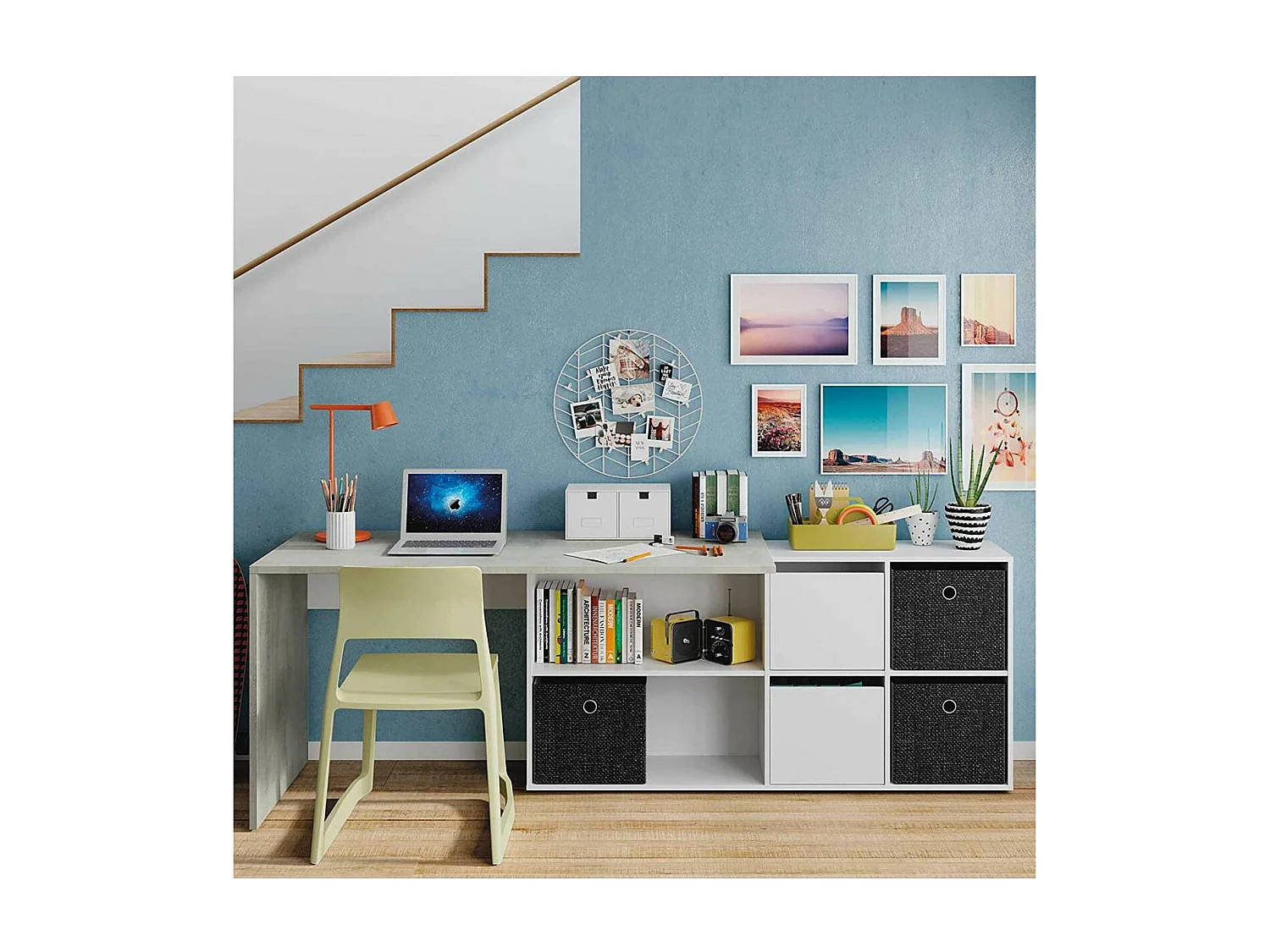 Mesa escritorio reversible  con buc modelo Desing acabado en Gris Cemento y Blanco Artik