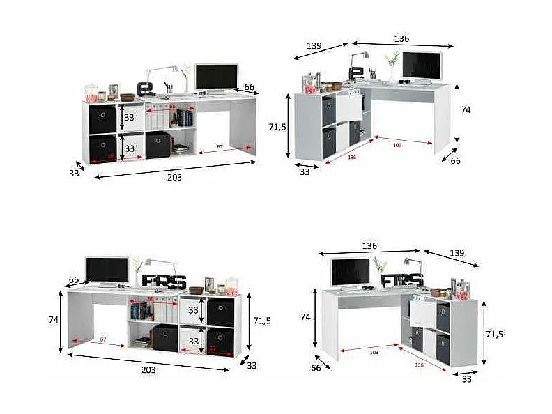 Mesa escritorio reversible  con buc modelo Desing acabado en Gris Cemento y Blanco Artik
