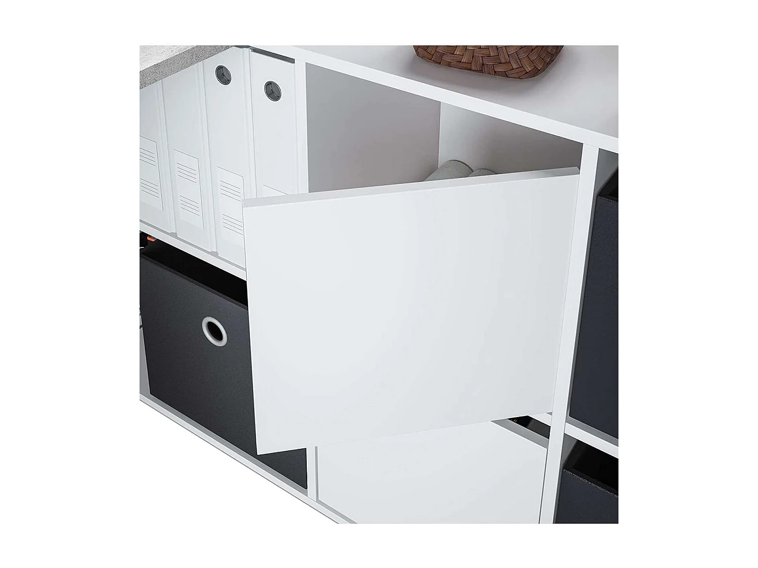 Mesa escritorio reversible  con buc modelo Desing acabado en Gris Cemento y Blanco Artik
