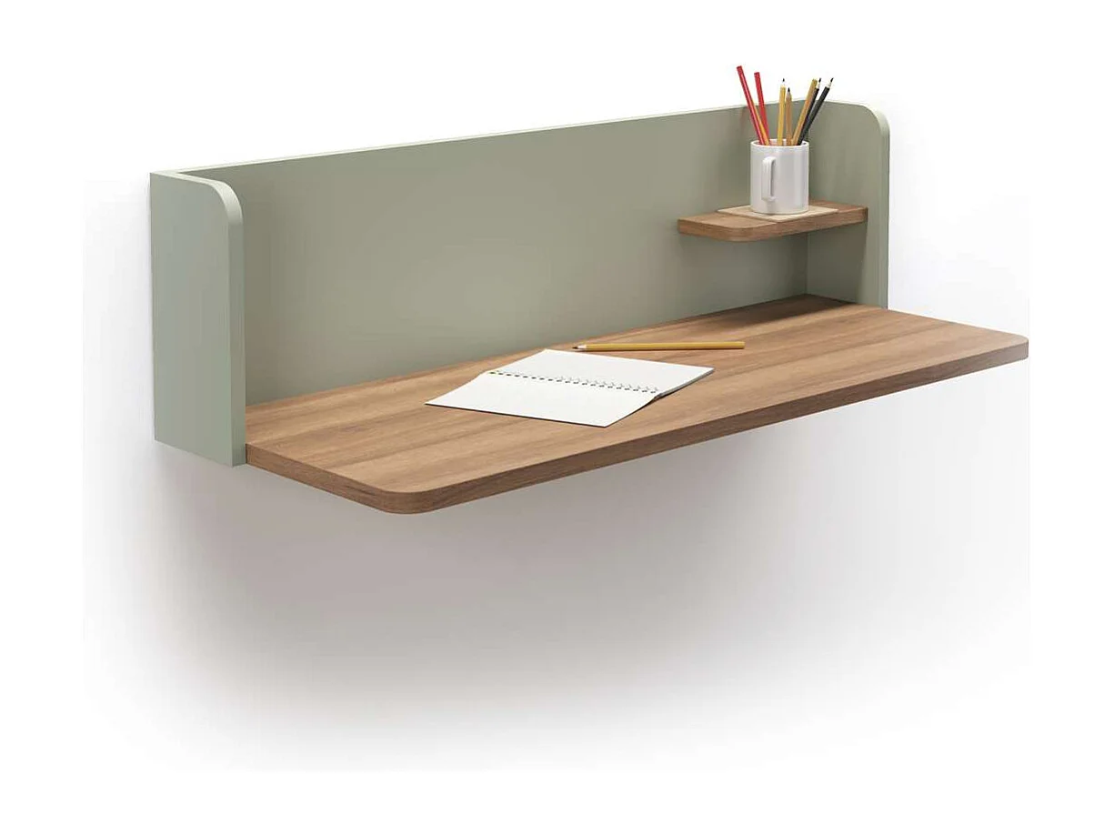 Mesa estudio para colgar Mod-Roman acabado nogal/verde, 35 x 90 x 25 cm (fondo x ancho x a