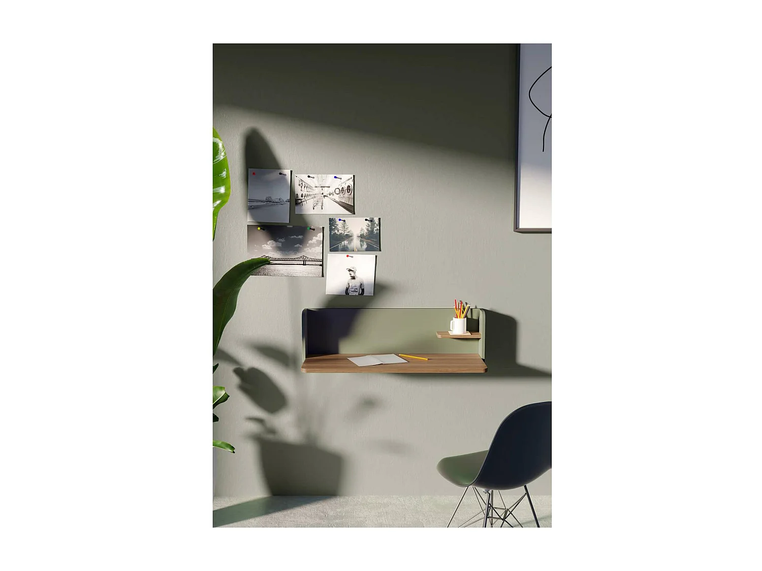 Mesa estudio para colgar Mod-Roman acabado nogal/verde, 35 x 90 x 25 cm (fondo x ancho x a