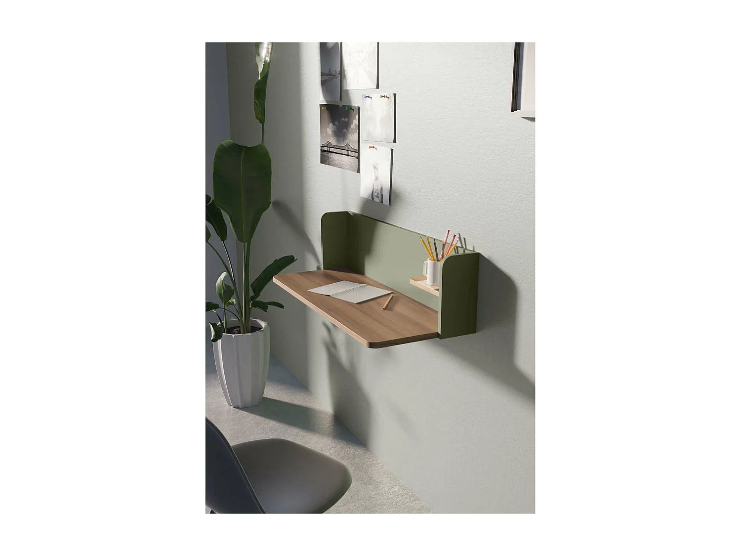 Mesa estudio para colgar Mod-Roman acabado nogal/verde, 35 x 90 x 25 cm (fondo x ancho x a