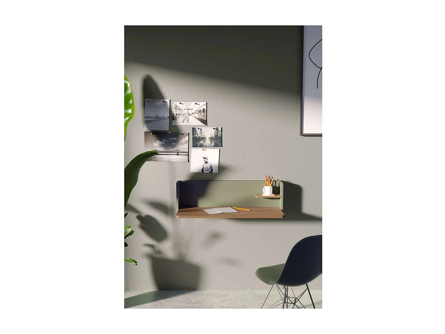 Mesa estudio para colgar Mod-Roman acabado nogal/verde, 35 x 90 x 25 cm (fondo x ancho x a