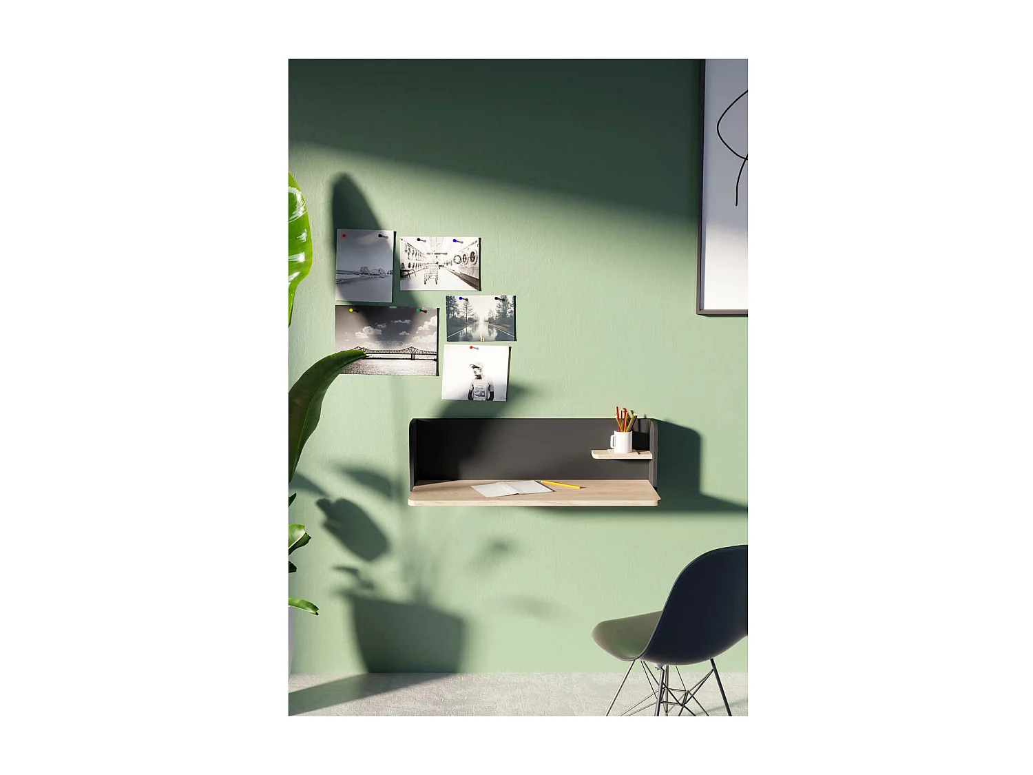 Mesa estudio para colgar Mod-Roman acabado roble/grafito, 35 x 90 x 25 cm (fondo x ancho x