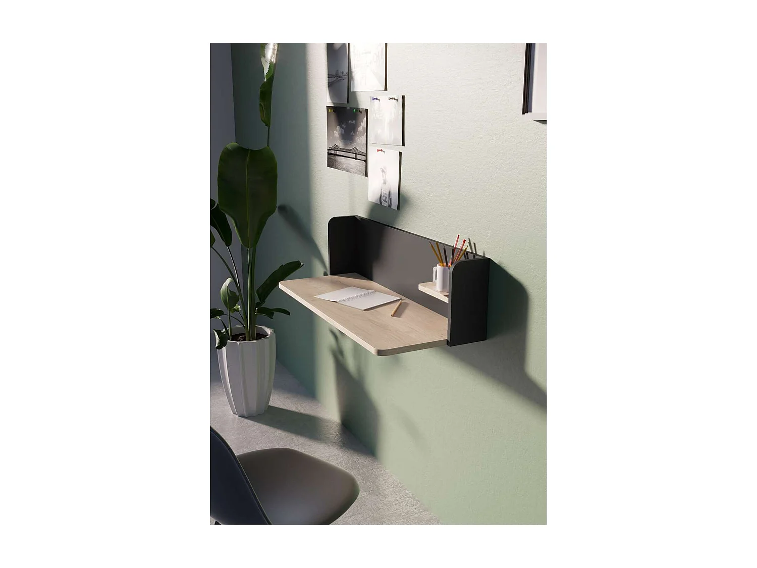 Mesa estudio para colgar Mod-Roman acabado roble/grafito, 35 x 90 x 25 cm (fondo x ancho x