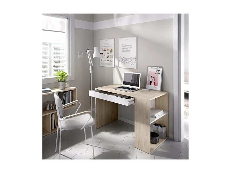 Escritorio Navas con estante y 1 cajon en natural-blanco 74 cm(alto)115 cm(ancho)50 cm(fon
