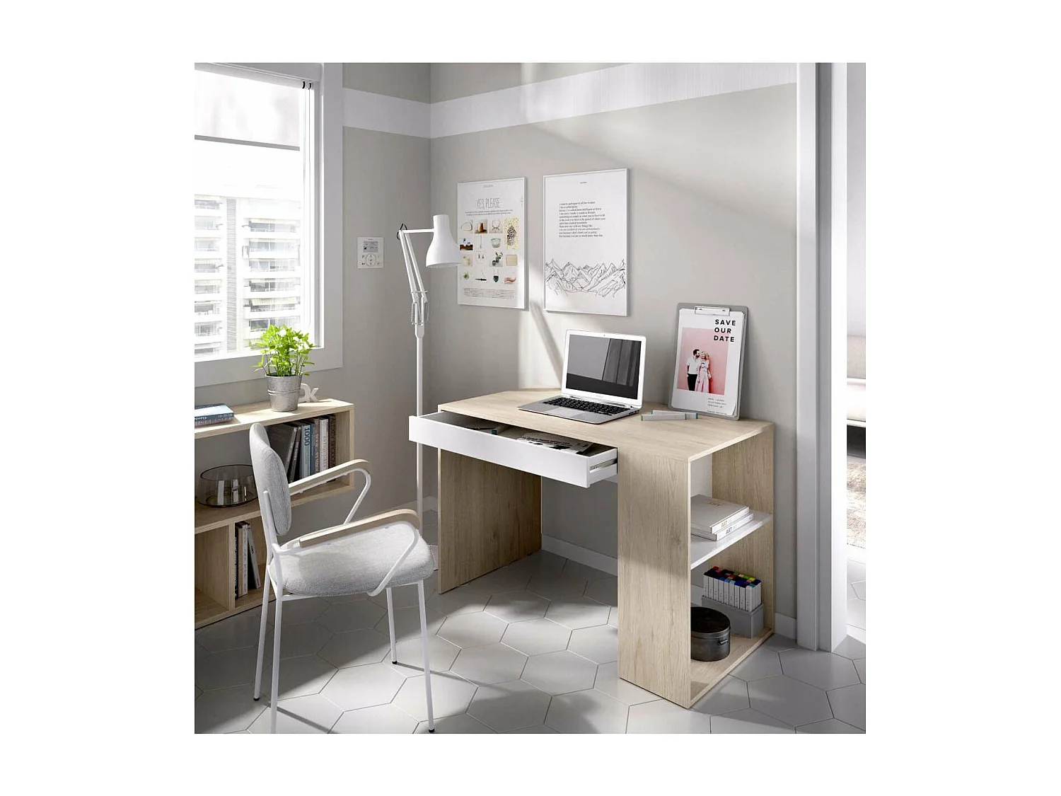 Escritorio Navas con estante y 1 cajon en natural-blanco 74 cm(alto)115 cm(ancho)50 cm(fon