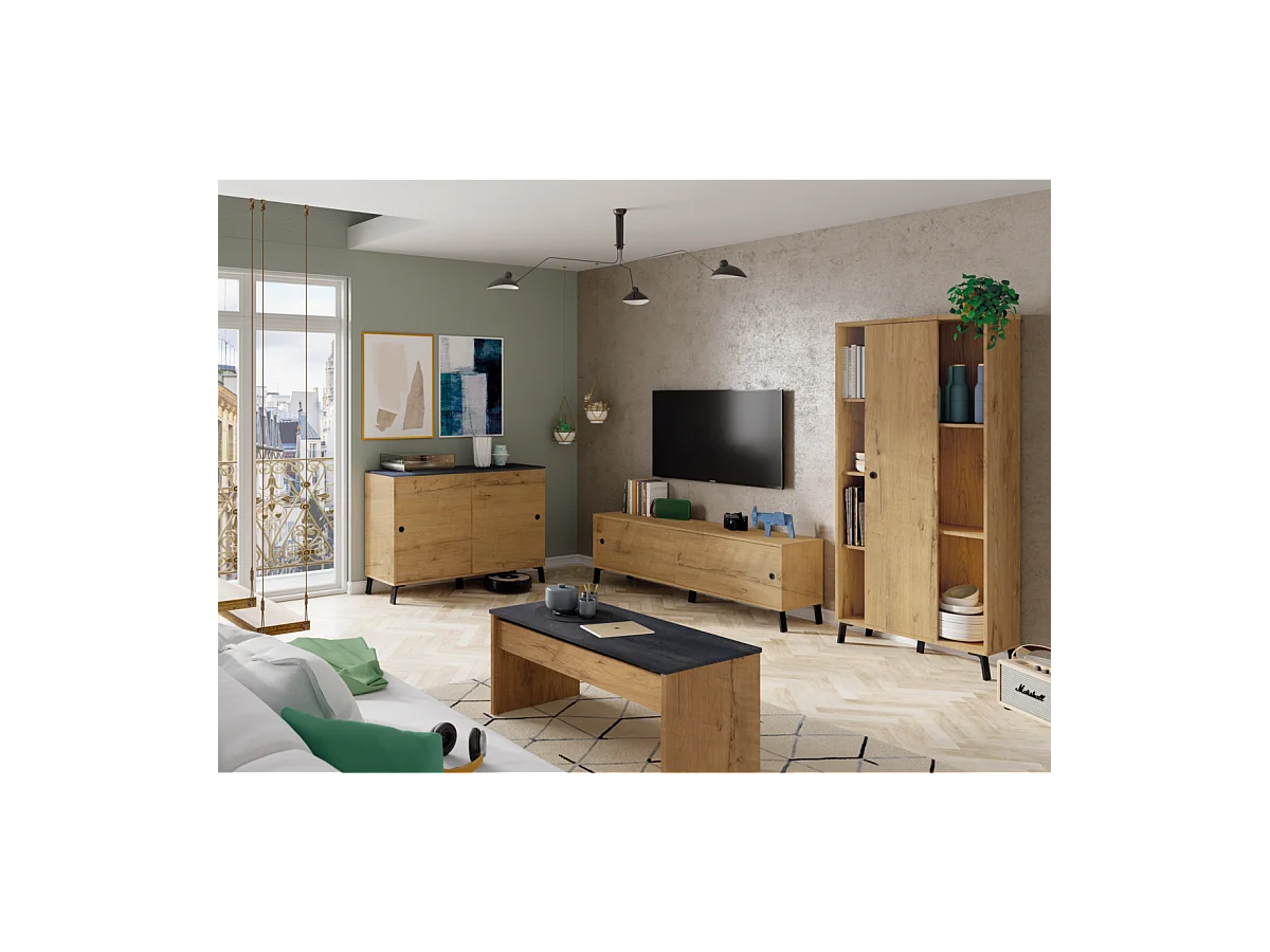 Librería Kamet con puerta corredera acabado roble gold, 180cm(alto) 80cm(ancho) 30cm(fond