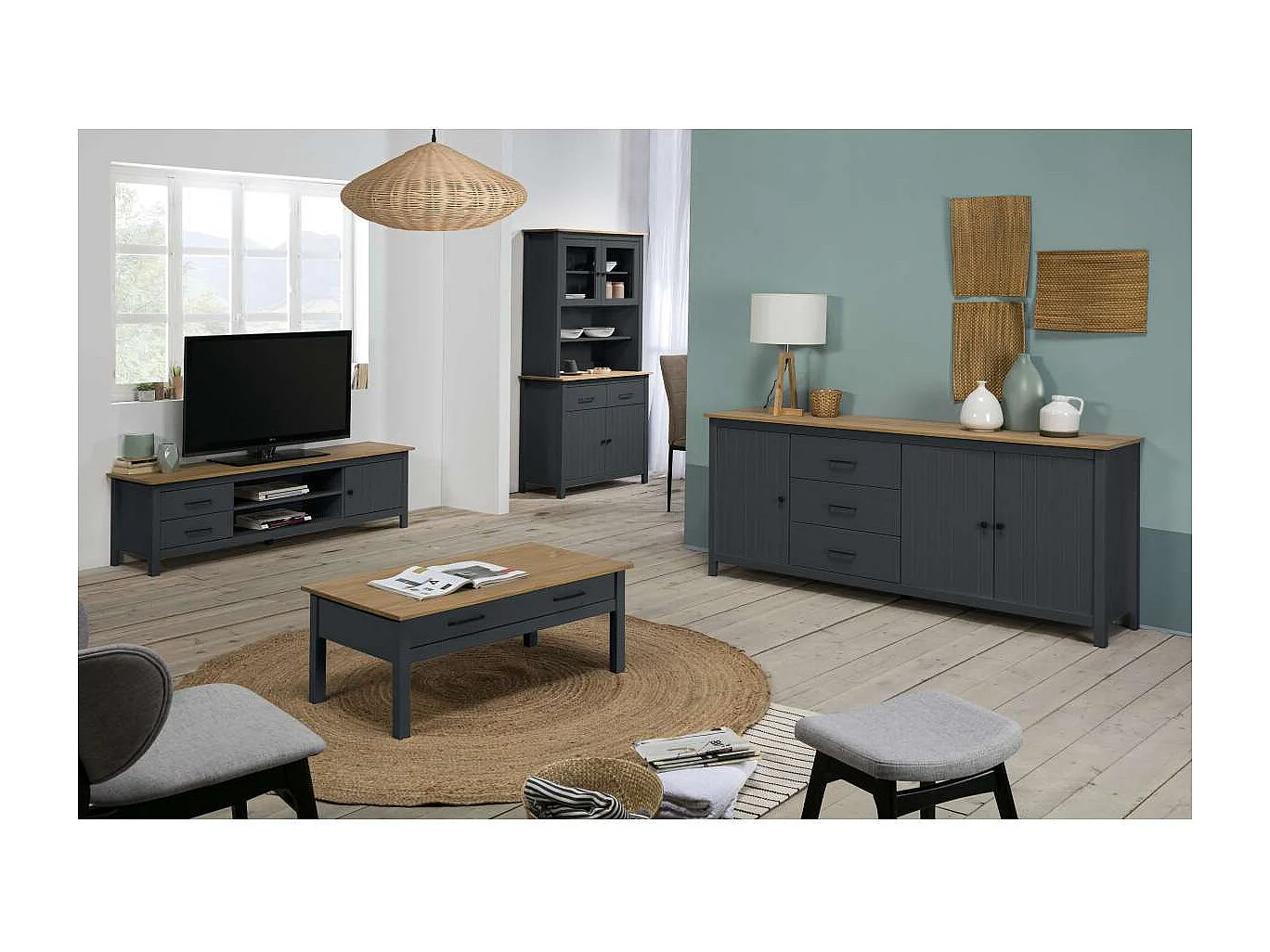 Vitrina 4 puertas 2 cajones Mariana acabado azul 180 cm(alto) 90 cm(ancho) 40 cm(largo)