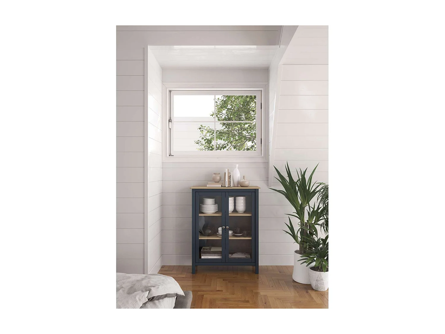 Mueble vitrina para comedor modelo Miguel 2 puertas acabado azul/roble, 40cm(fondo) 110cm(