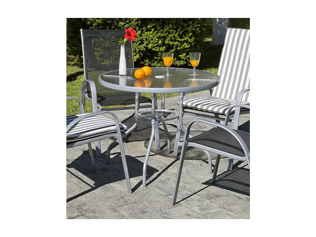 Mesa para terraza jardín en acero Seul-90, en acabado color plata (diámetro-alto): 90x75