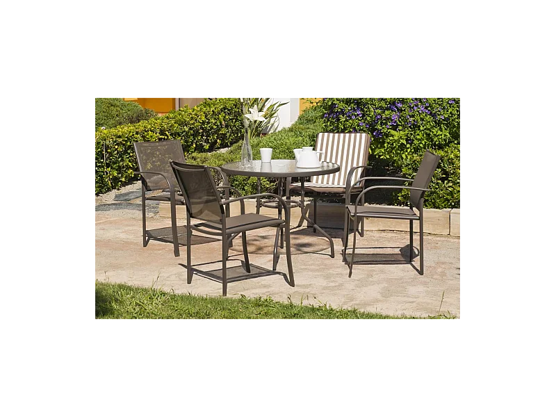 Mesa redonda de acero Macao-90 acabado color bronce, (diámetro-alto): 90x75 cm..