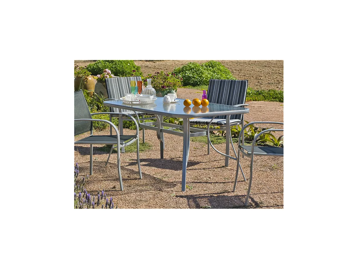 Mesa para terraza jardín en acero Seul-150, en acabado color plata.