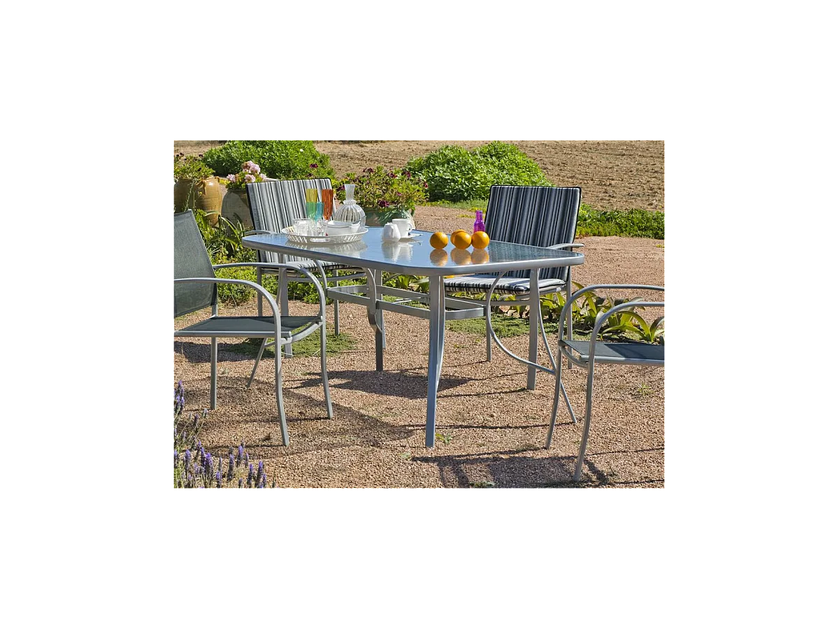 Mesa para terraza jardín en acero Seul-150, en acabado color plata.