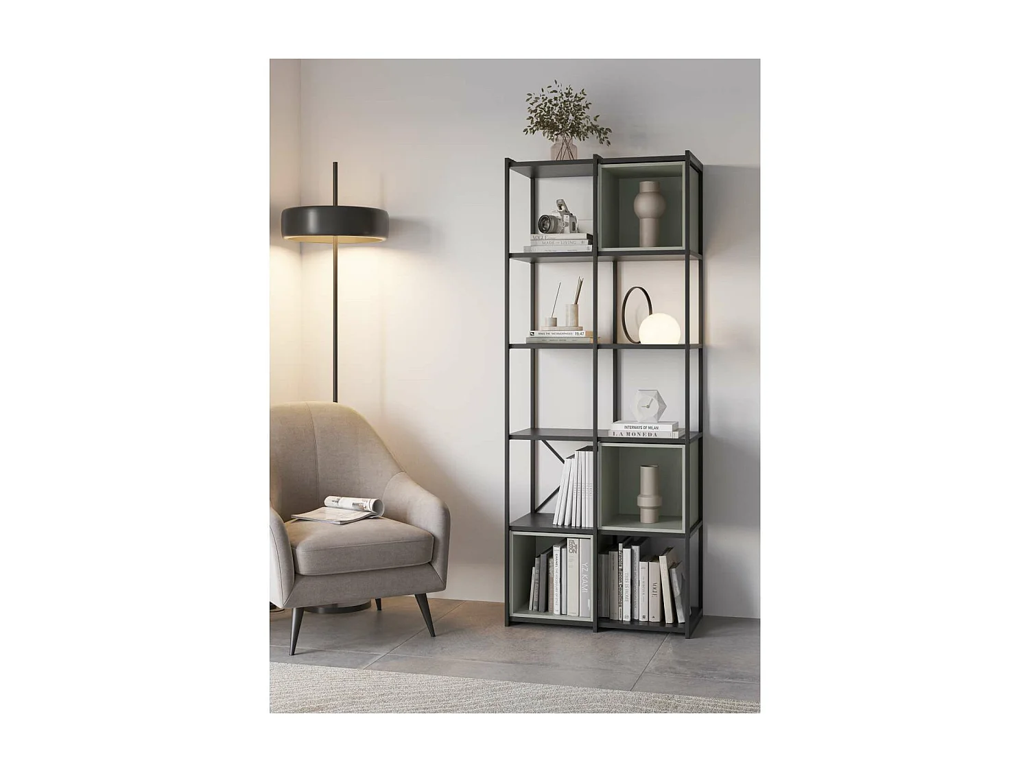 Estantería 3 cubos y estantes modelo Berta-70 acabado negro/verde, 179cm(alto) 70cm(ancho