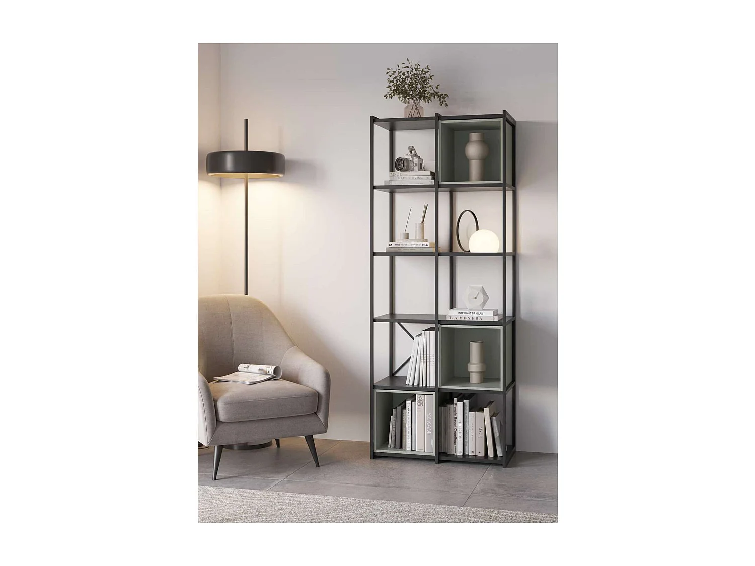 Estantería 3 cubos y estantes modelo Berta-70 acabado negro/verde, 179cm(alto) 70cm(ancho