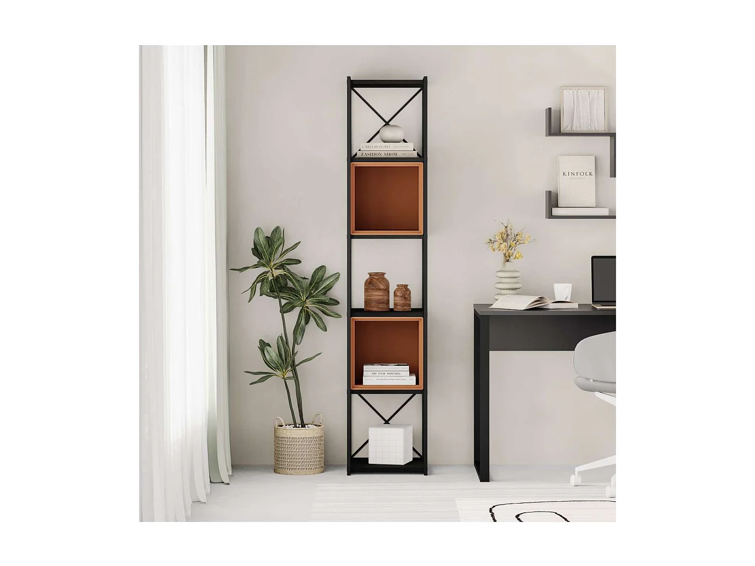 Estantería 2 cubos y estantes modelo Berta-36 acabado negro/terracota, 179cm(alto) 36cm(a