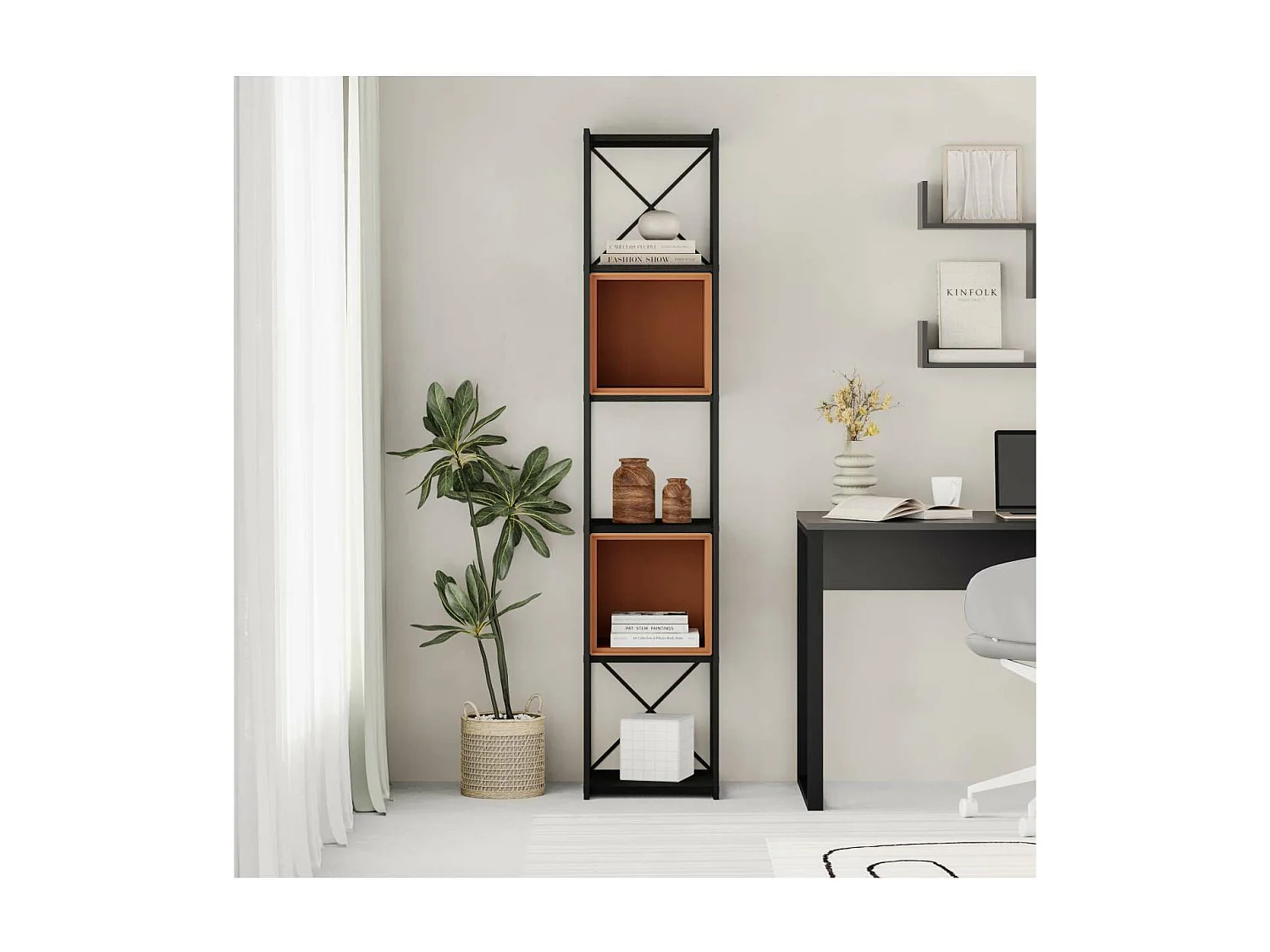 Estantería 2 cubos y estantes modelo Berta-36 acabado negro/terracota, 179cm(alto) 36cm(a