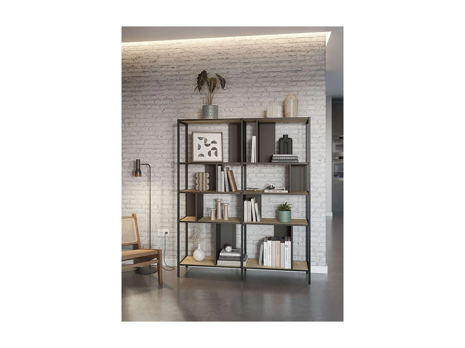 Estantería varios estantes modelo Amaya-144 acabado roble/negro, 175cm(alto) 144cm(ancho)