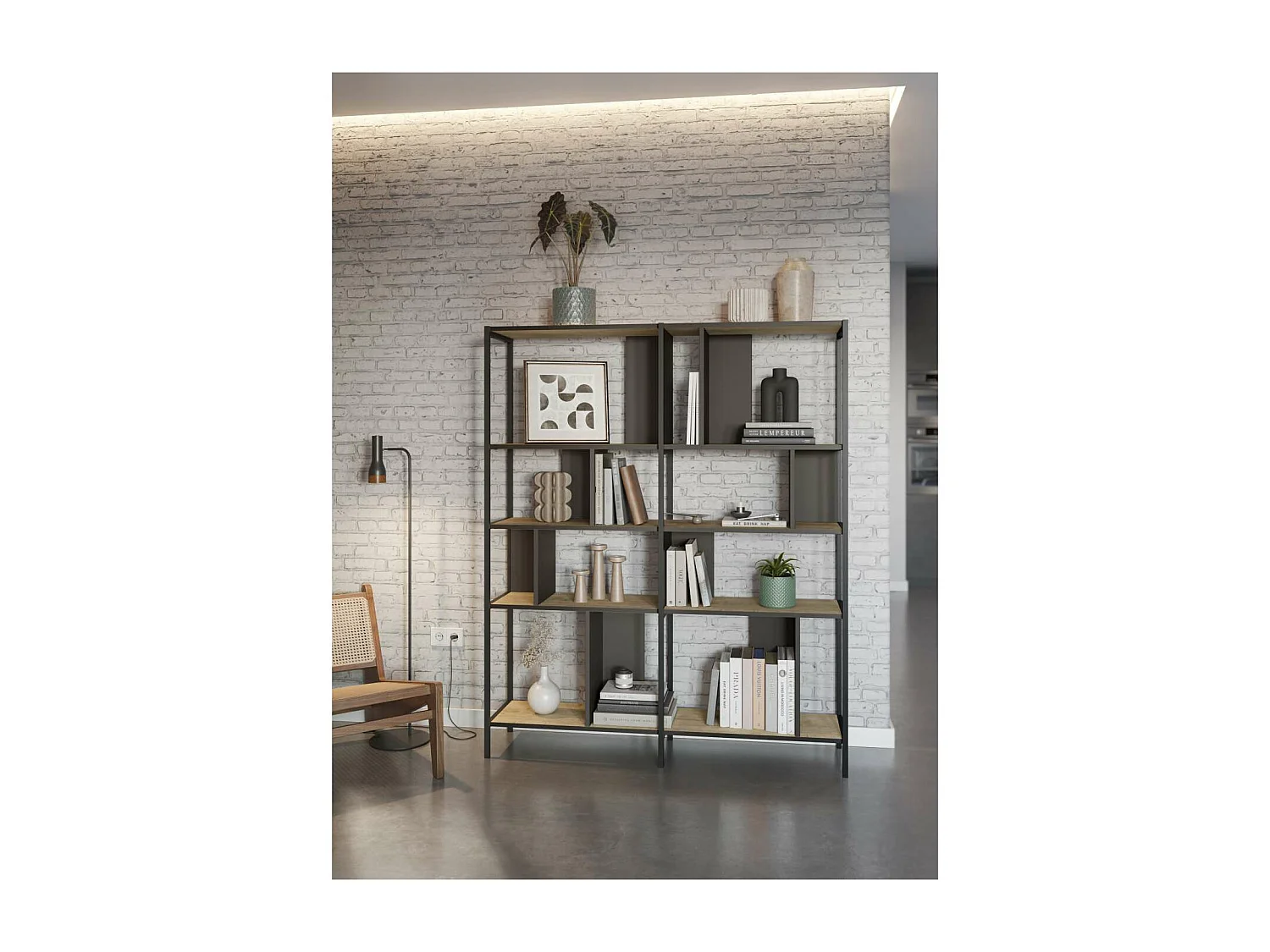 Estantería varios estantes modelo Amaya-144 acabado roble/negro, 175cm(alto) 144cm(ancho)