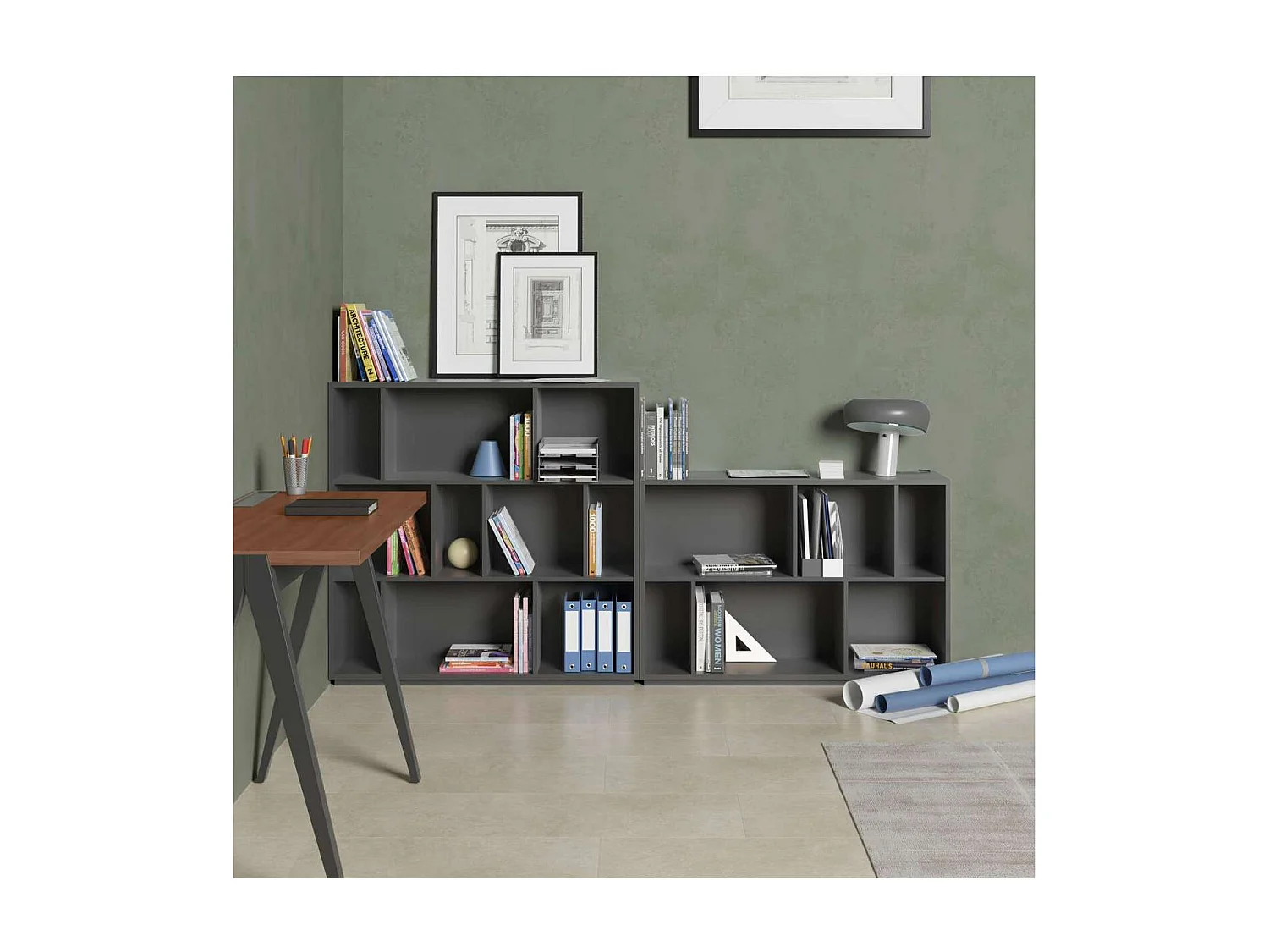 Estanteria 3 alturas modelo 546 acabado grafito. 117 cm(alto), 119 cm(ancho), 32 cm(fondo)