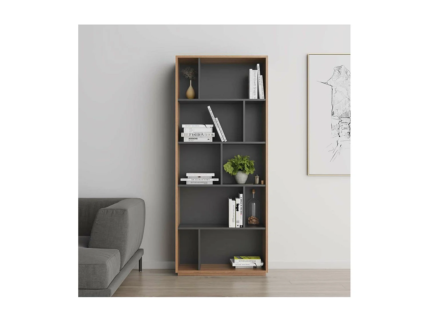 Estantería 5 alturas modelo 545 acabado nogal claro/grafito. 191 cm(alto), 80 cm(ancho),