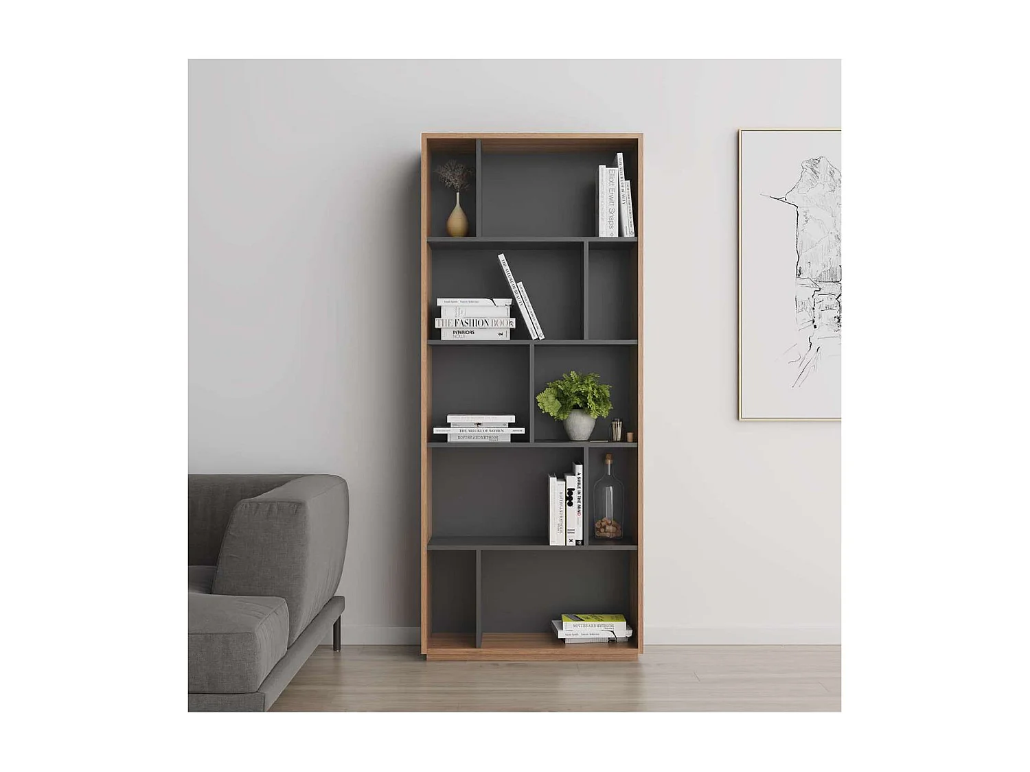 Estantería 5 alturas modelo 545 acabado nogal claro/grafito. 191 cm(alto), 80 cm(ancho),