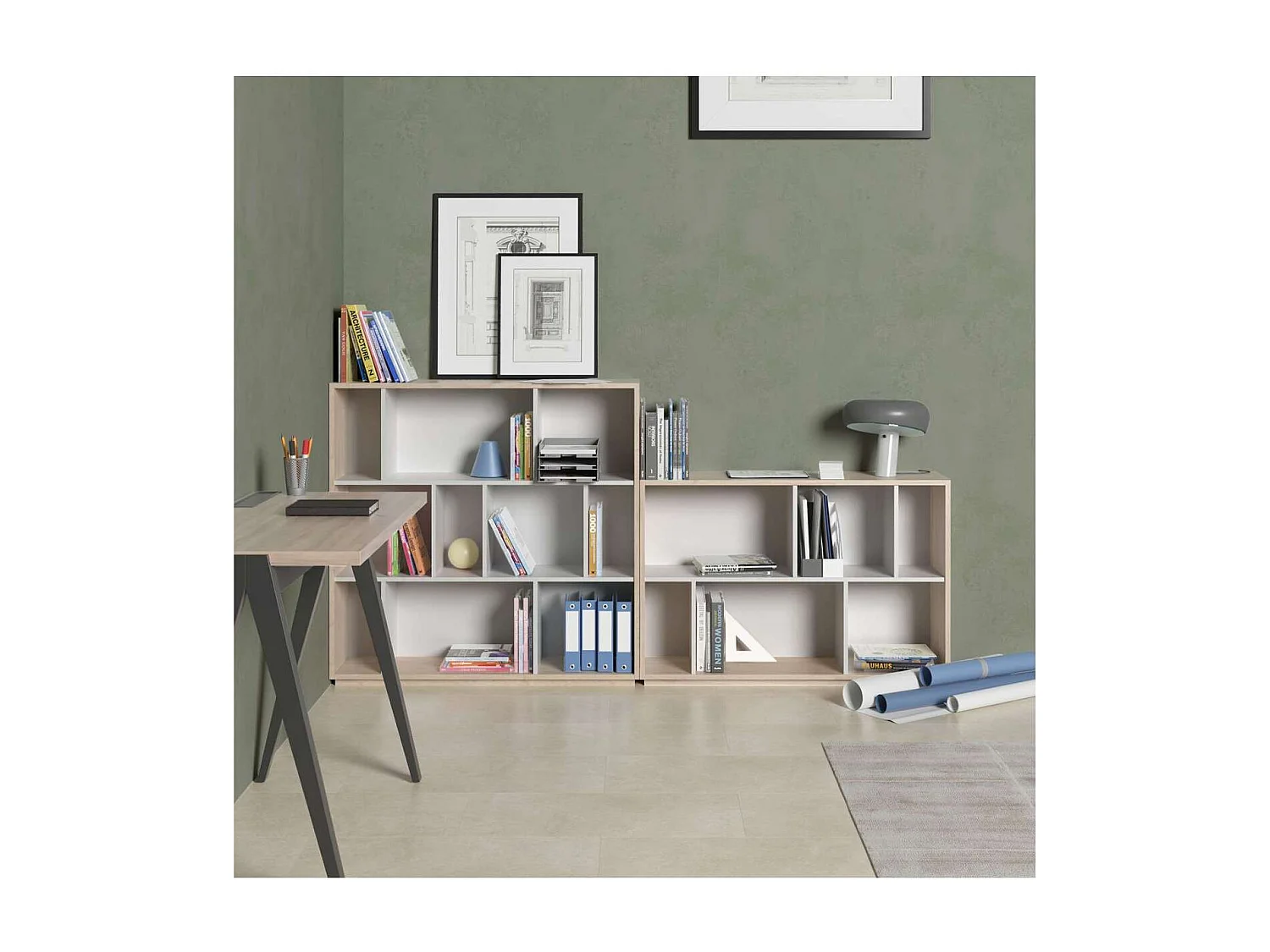 Estantería 2 alturas modelo 547 acabado roble claro/blanco. 80cm(alto), 119cm(ancho), 32c