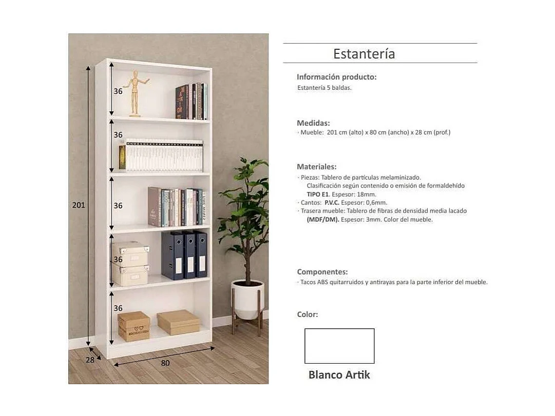 Estanteria cinco baldas Tokio acabado blanco artik 201 cm(alto)80 cm(ancho)28 cm(fondo) .