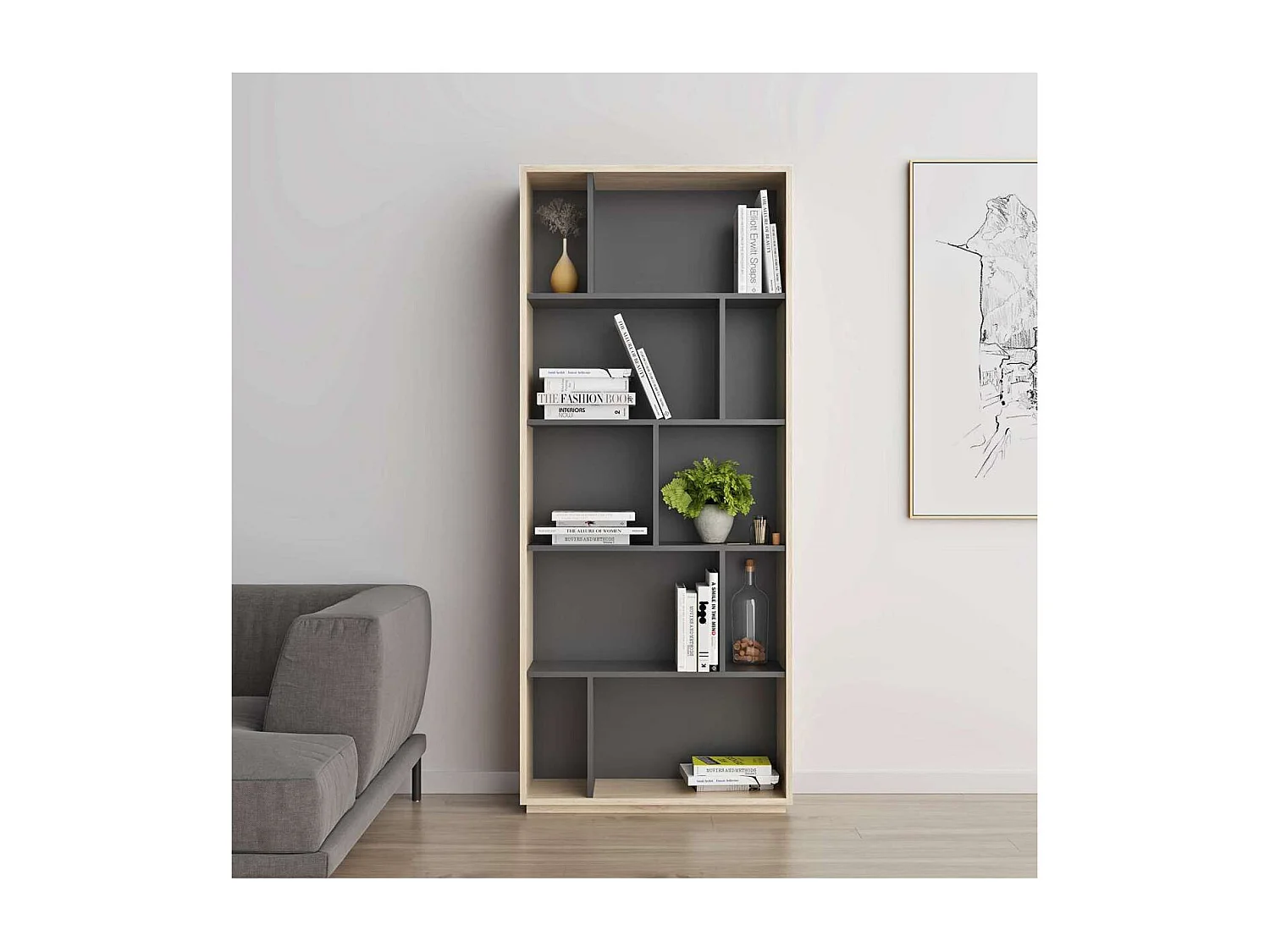 Estantería 5 alturas modelo 545 acabado roble claro/grafito. 191 cm(alto), 80 cm(ancho),