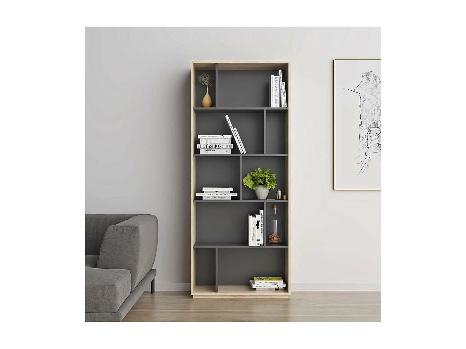 Estantería 5 alturas modelo 545 acabado roble claro/grafito. 191 cm(alto), 80 cm(ancho),