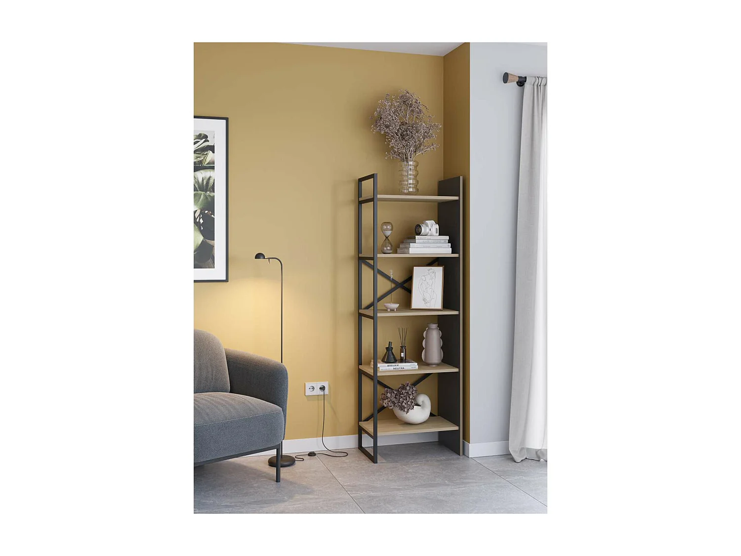 Estantería 5 estantes modelo Eva-58 acabado roble/negro, 175cm(alto) 58cm(ancho) 35cm(lar