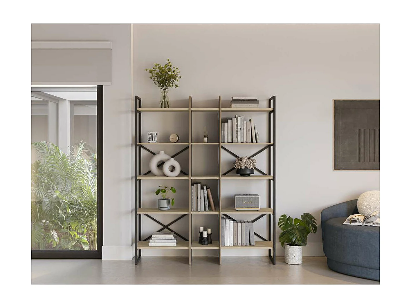 Estantería 5 estantes modelo Eva-143 acabado roble/negro, 175cm(alto) 143.5cm(ancho) 35cm