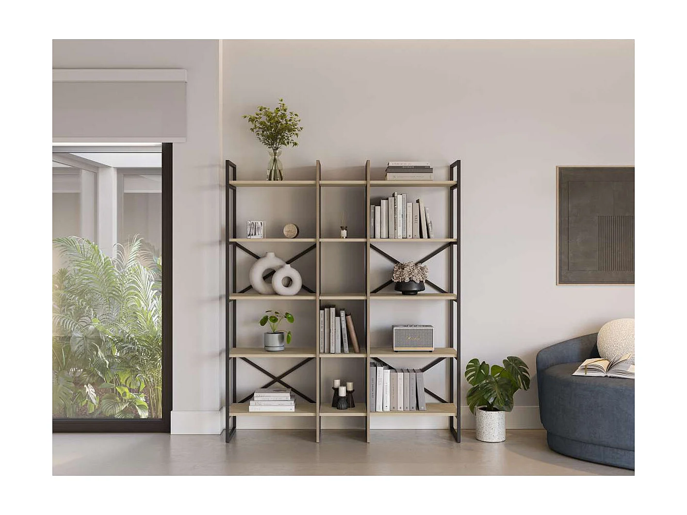 Estantería 5 estantes modelo Eva-143 acabado roble/negro, 175cm(alto) 143.5cm(ancho) 35cm