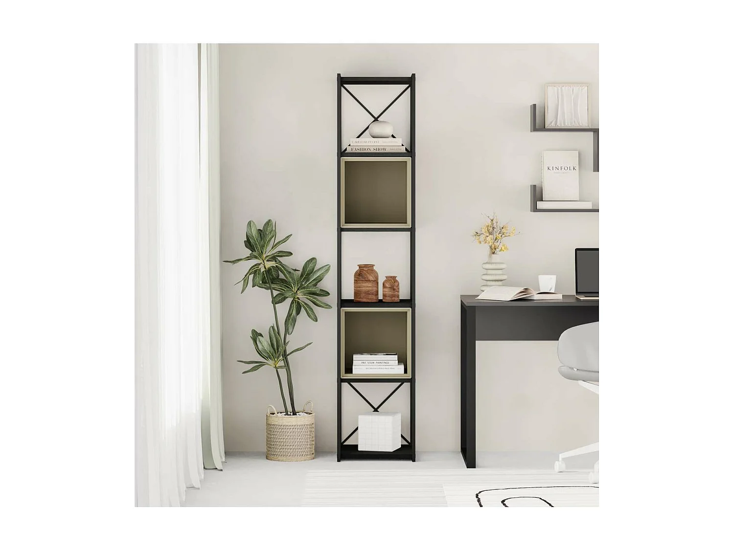 Estantería 2 cubos y estantes modelo Berta-36 acabado negro/verde, 179cm(alto) 36cm(ancho