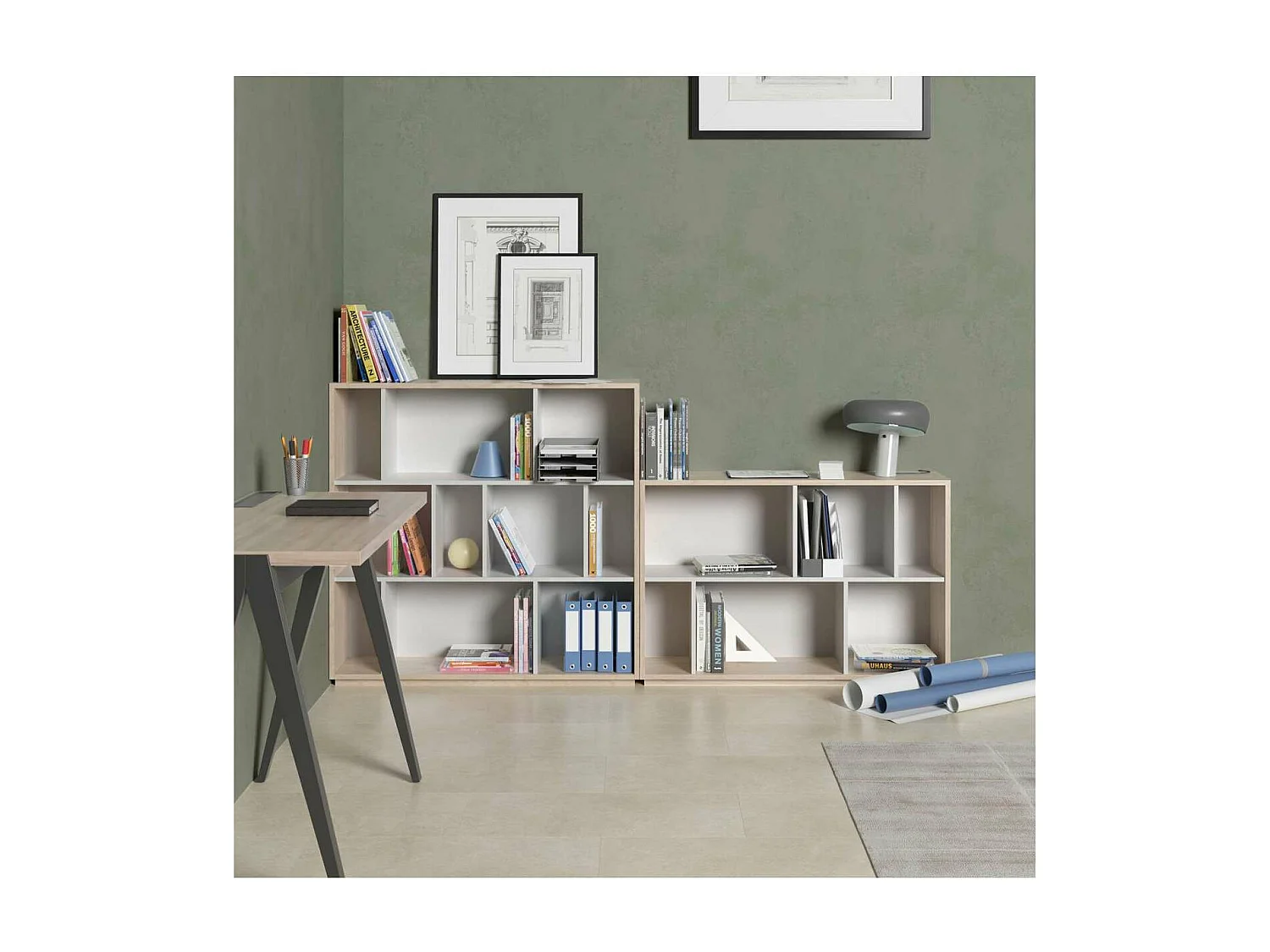 Estantería 3 alturas modelo 546 acabado roble claro/blanco. 117 cm(alto), 119 cm(ancho),