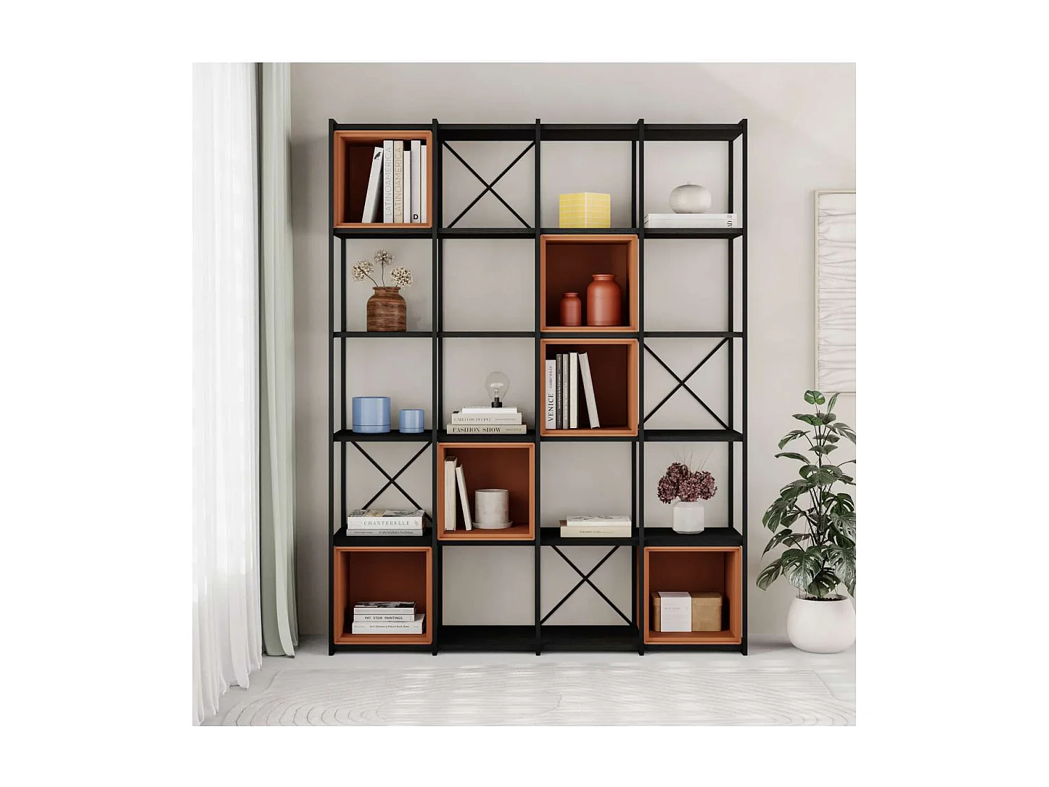 Estantería 5 cubos y estantes modelo Berta-140 acabado negro/terracota, 179cm(alto) 139.5