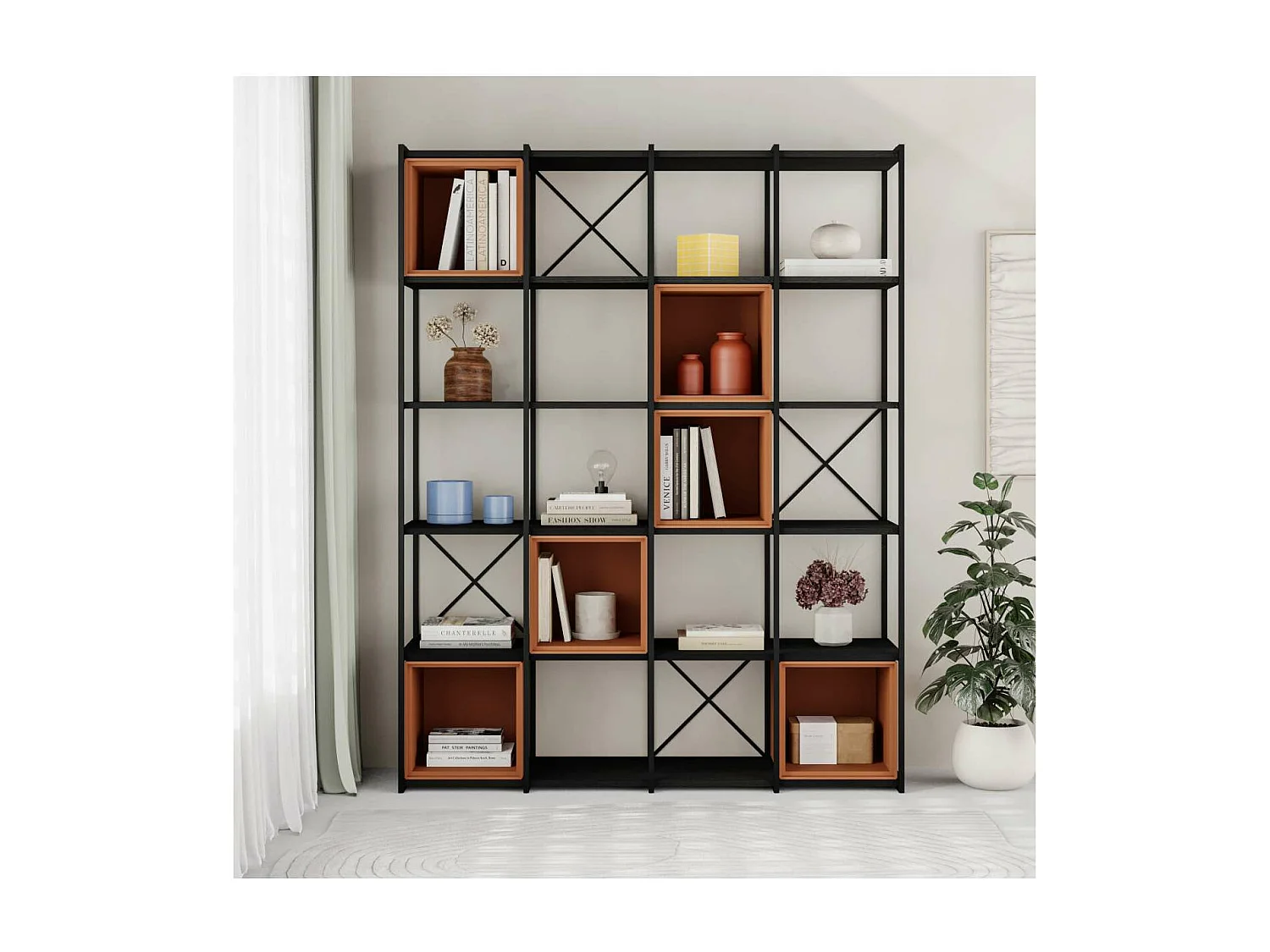 Estantería 5 cubos y estantes modelo Berta-140 acabado negro/terracota, 179cm(alto) 139.5