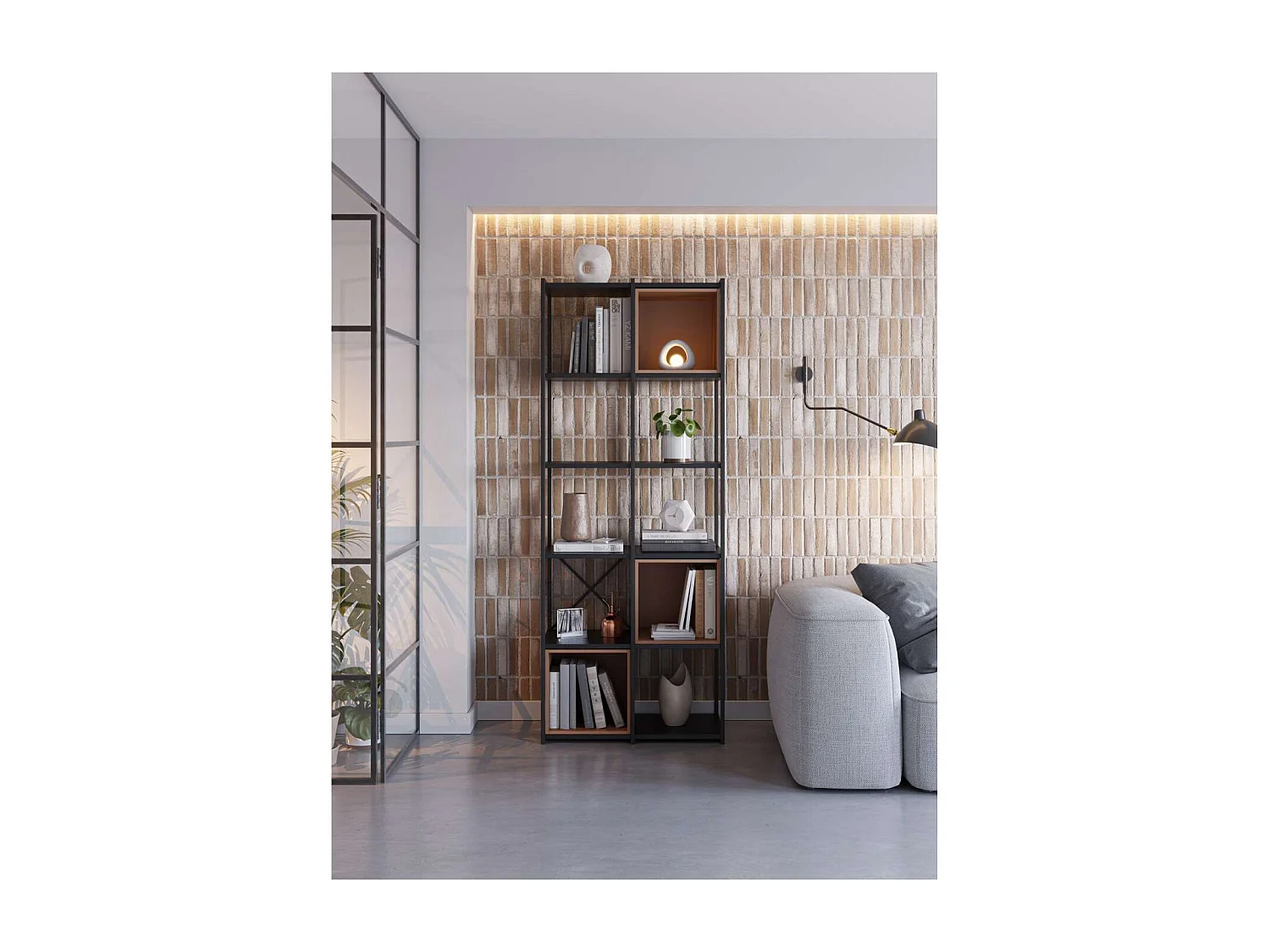 Estantería 3 cubos y estantes modelo Berta-70 acabado negro/terracota, 179cm(alto) 70cm(a