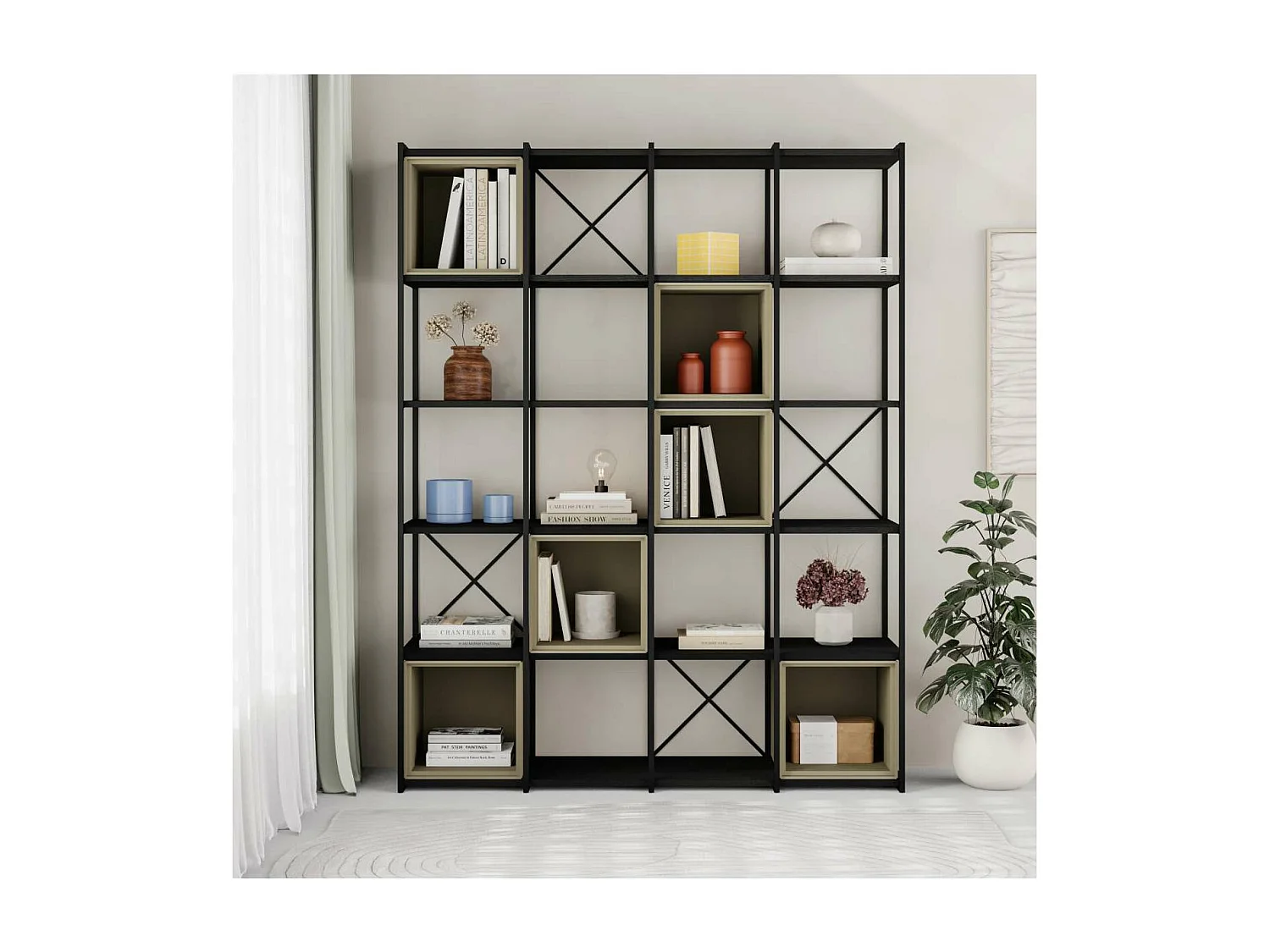 Estantería 5 cubos y estantes modelo Berta-140 acabado negro/verde, 179cm(alto) 140cm(anc